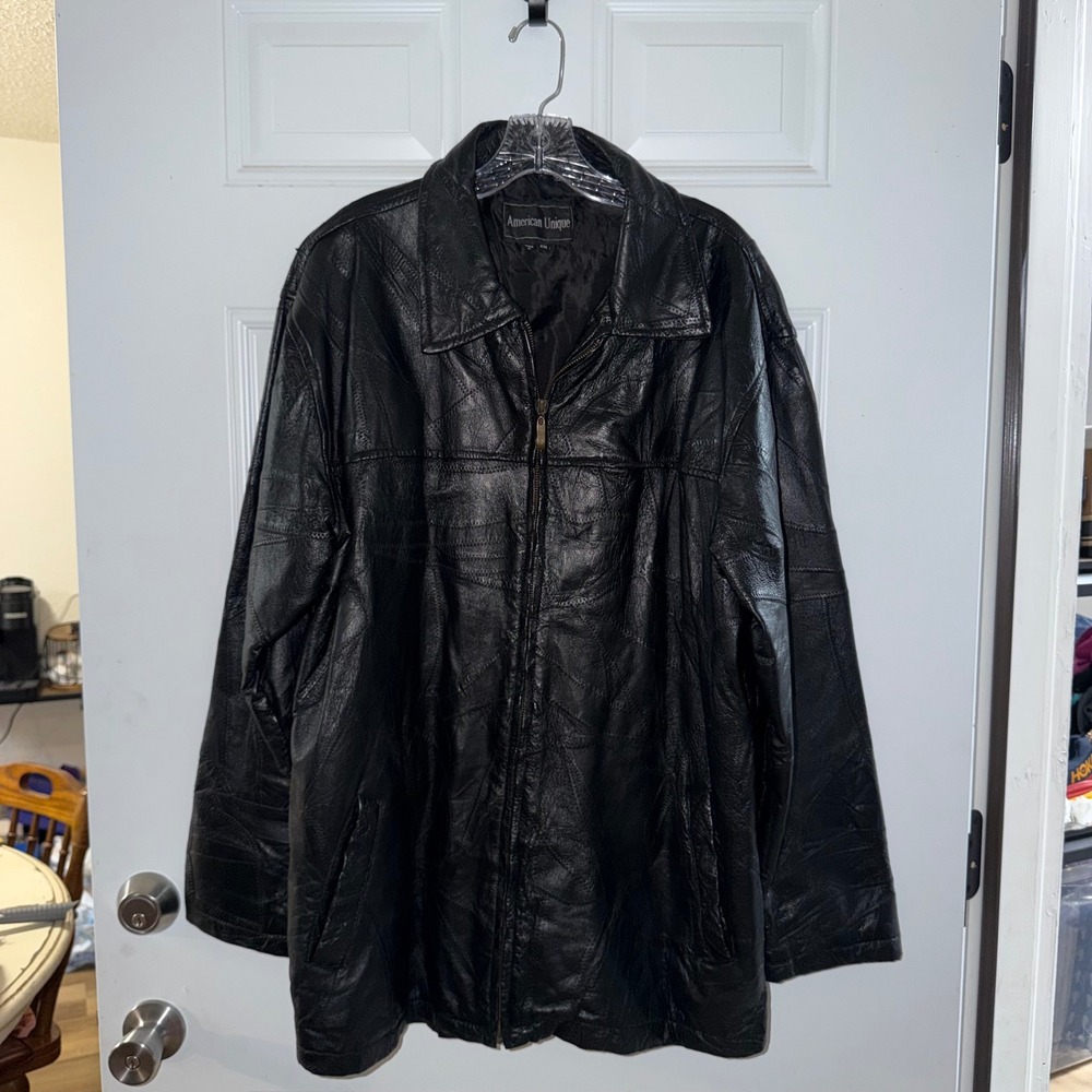 Vtg American Unique Mens‎ XXL Black Genuine Leather Patchwork Zip Up